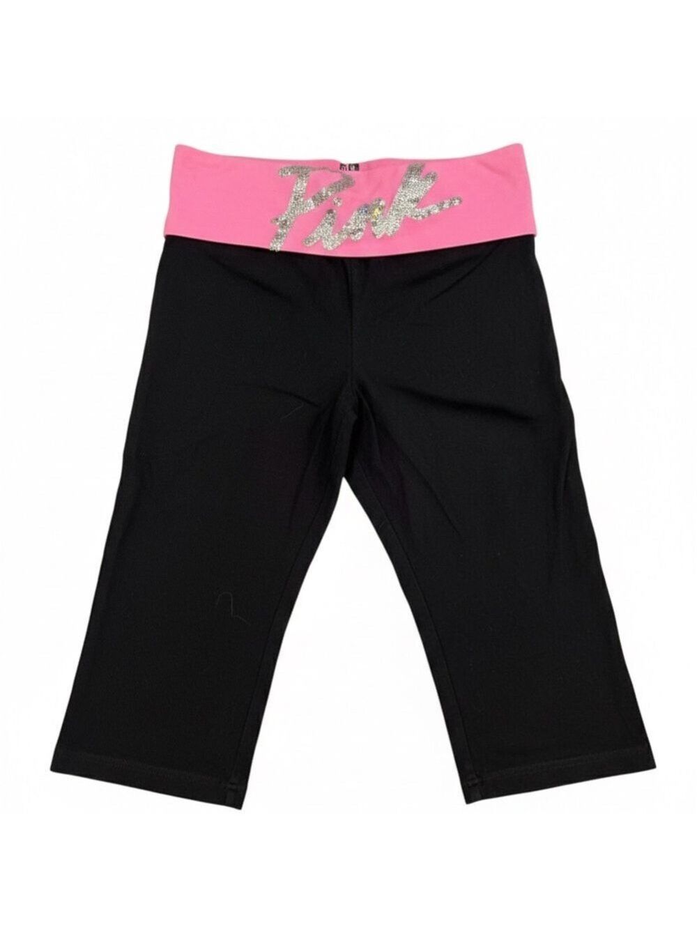 Victoria's Secret PINK Black Pink Sequin Logo Cropped Leggings Size Medium EUC